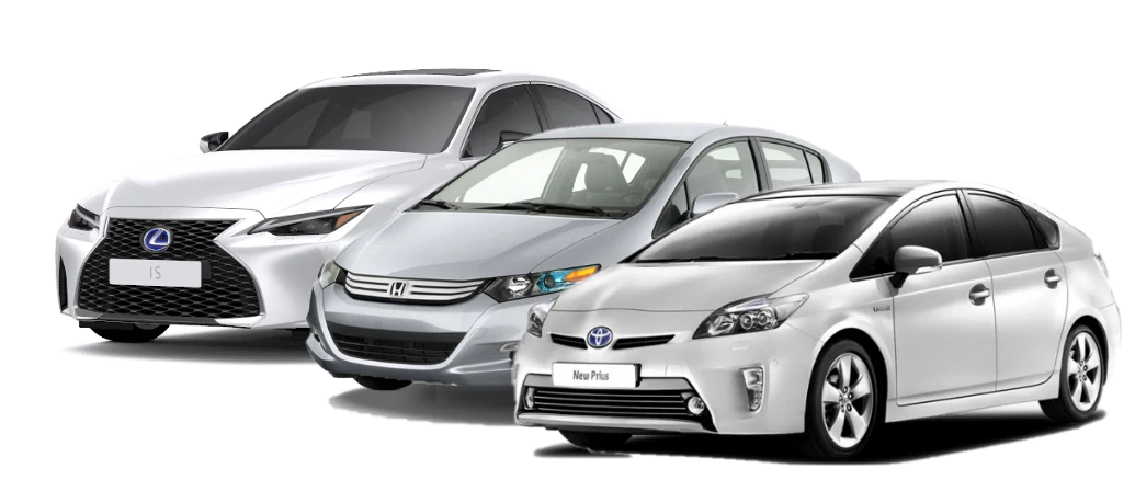 Hybrid cars lined up at a dealership
