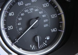 Vehicle speedometer showing road speed