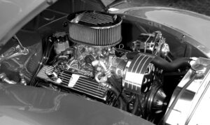 Customised car engine bay with polished components