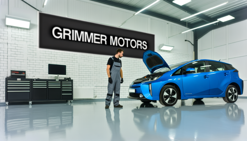 A blue hybrid car in a modern 6 bay mechanics shop. A European male mechanic in overalls is inspecting the car.