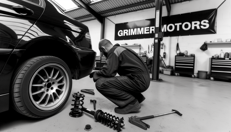 Strut Replacement Grimmer Motors A mechanic, European in appearance, wearing overalls, is crouched down next to the rear tire of a shiny black car inside a modern 6 bay mechanic shop. He is in the process of replacing a car's strut mounts and bearings, holding a new strut assembly in his hands.
