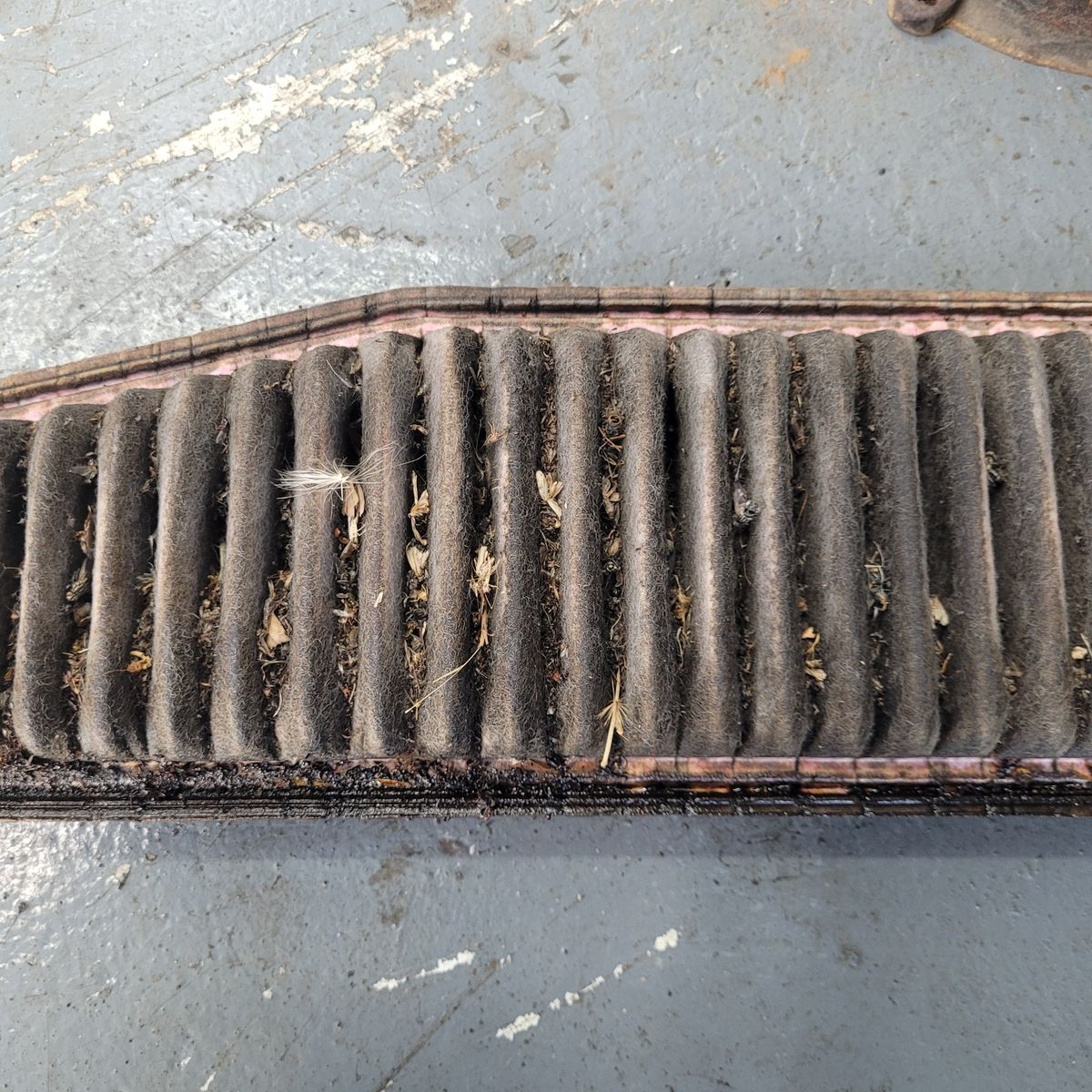 Used air filter full of debris, dust, and leaves