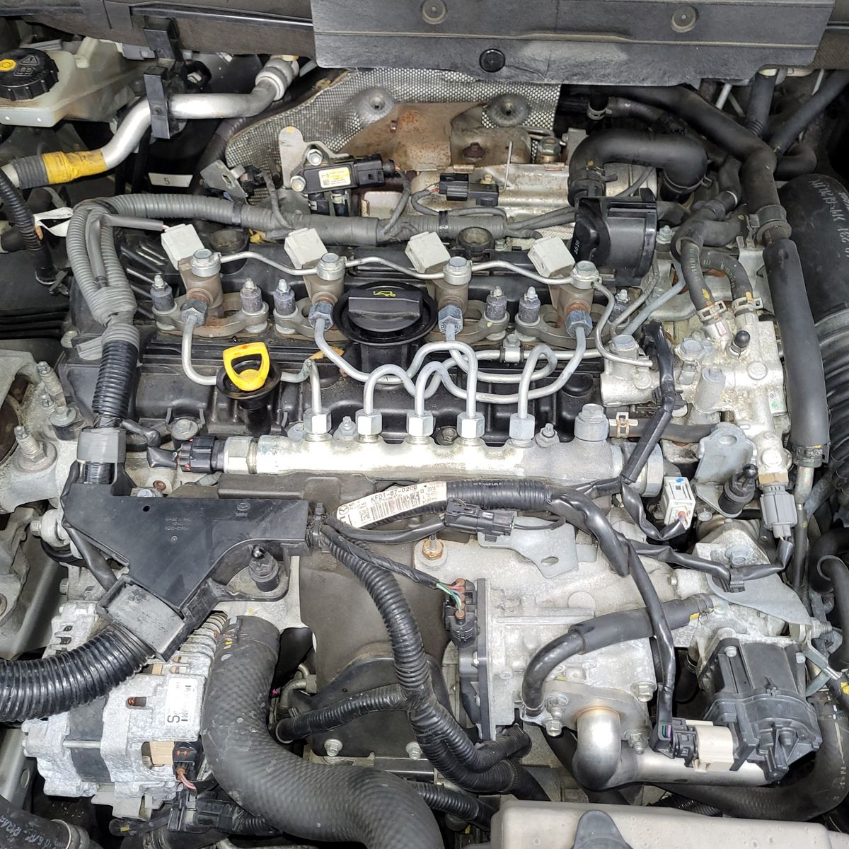 Close-up View of a Diesel Engine Detailed diesel engine with visible fuel lines and wiring under hood.