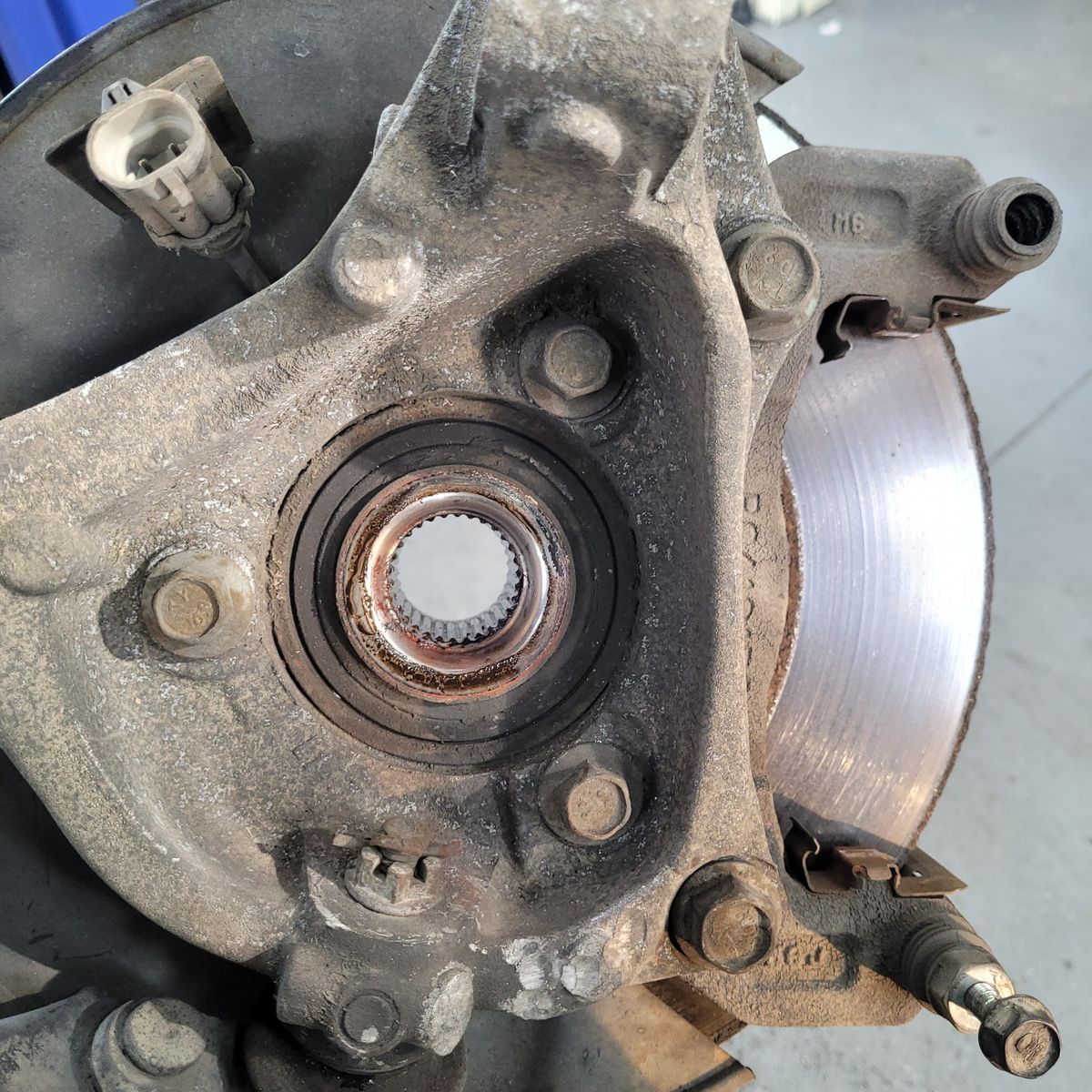 Wheel bearing and hub assembly on a car with exposed rotor